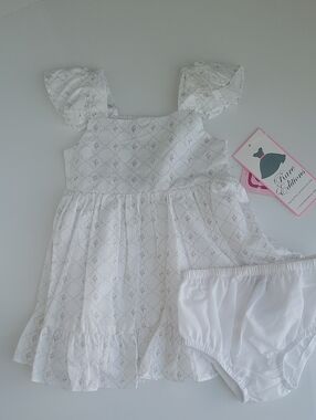 Rare Editions Floral Trellis Print White Dress, smocked back flutter sleeve bow